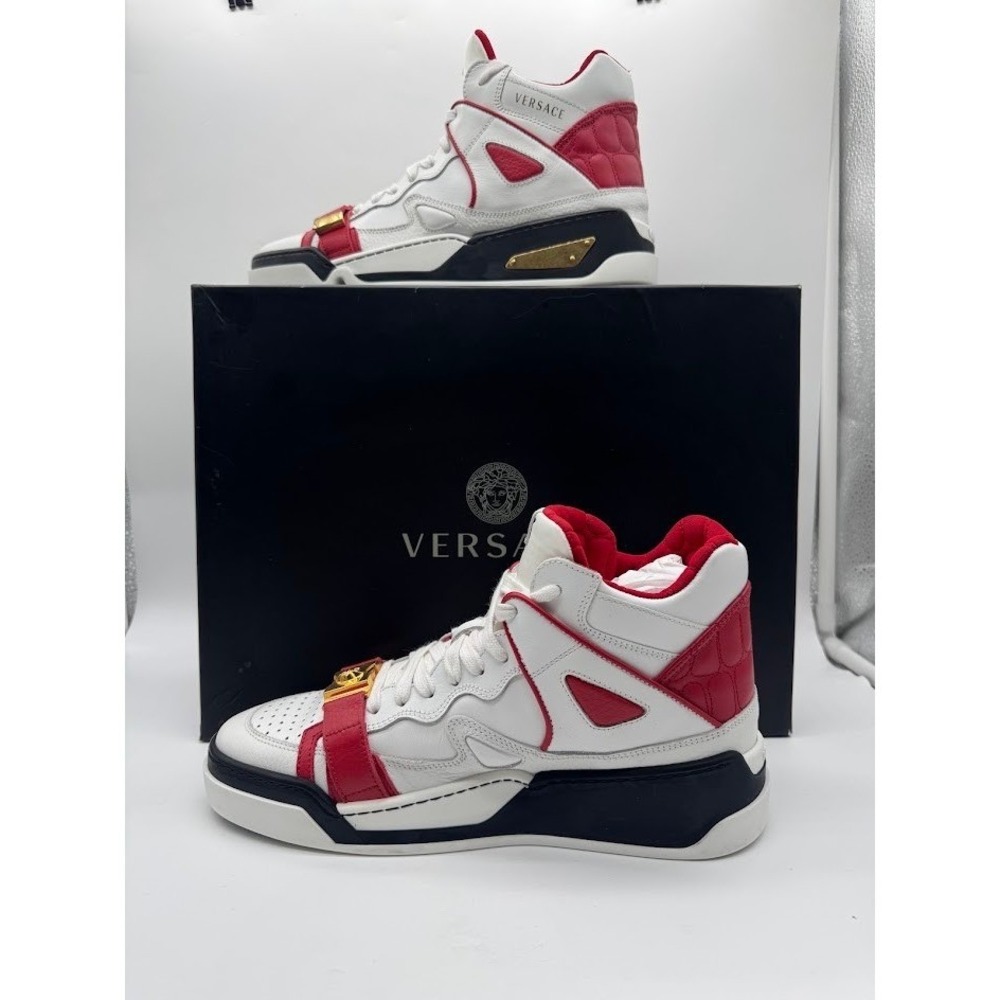 Versace Odissea High Top Sneakers White Red Black Medusa Buckle Mens Leather
